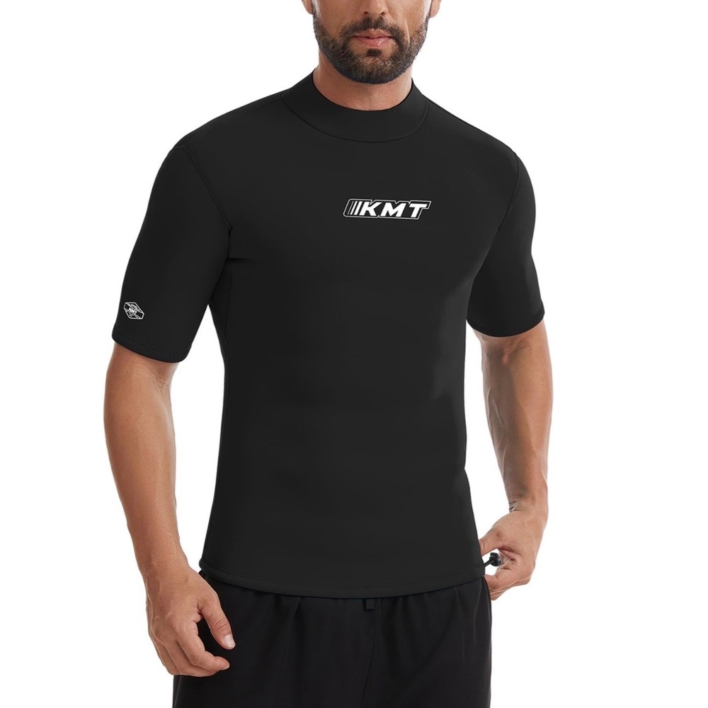KMT Wetsuit Top Mens XS Black Excellent 2mm Neoprene Short Sleeve Rash Guard